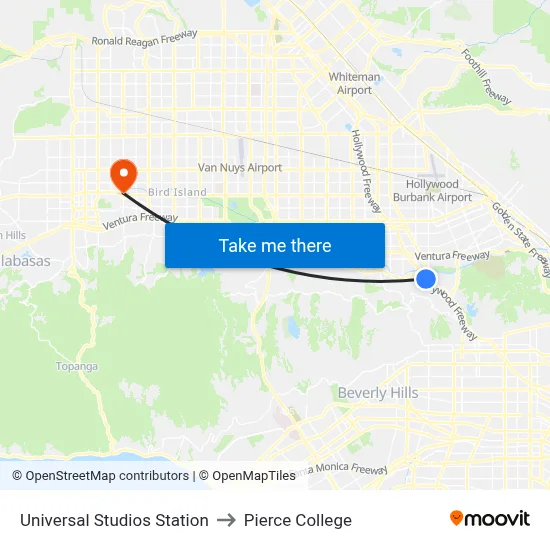 Universal Studios Station to Pierce College map