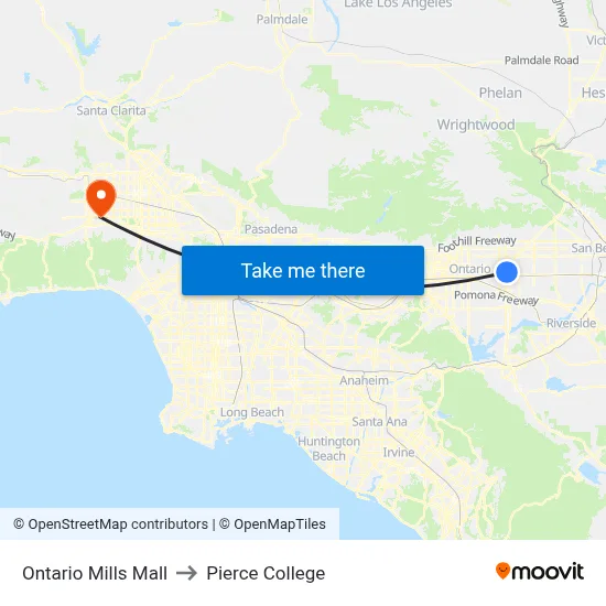 Ontario Mills Mall to Pierce College map