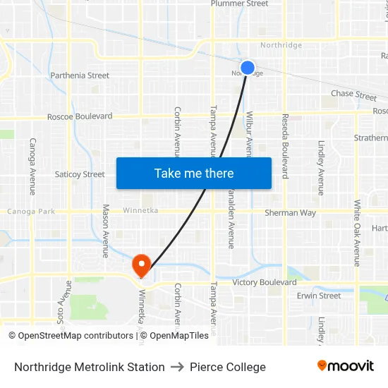 Northridge Metrolink Station to Pierce College map