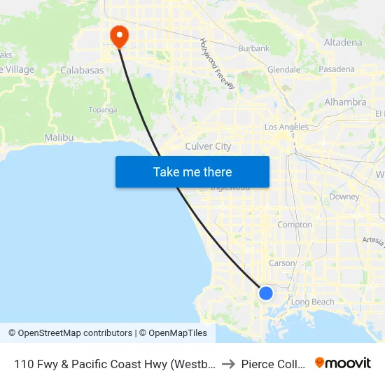 110 Fwy & Pacific Coast Hwy (Westbound) to Pierce College map