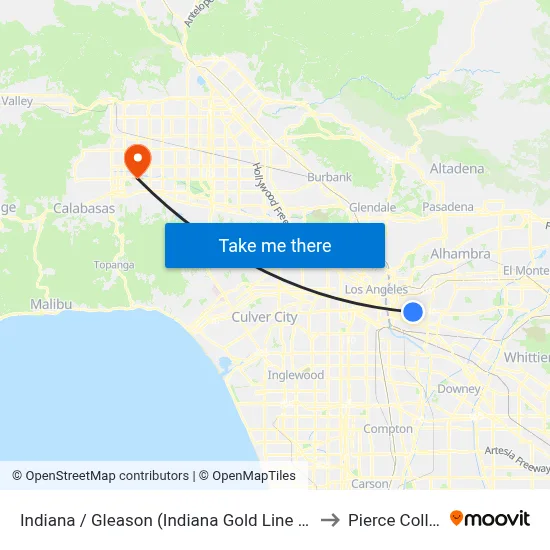 Indiana / Gleason (Indiana Gold Line Station) to Pierce College map
