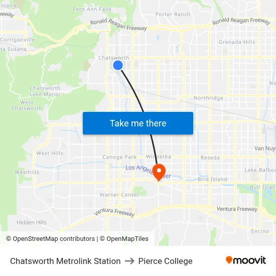 Chatsworth Metrolink Station to Pierce College map