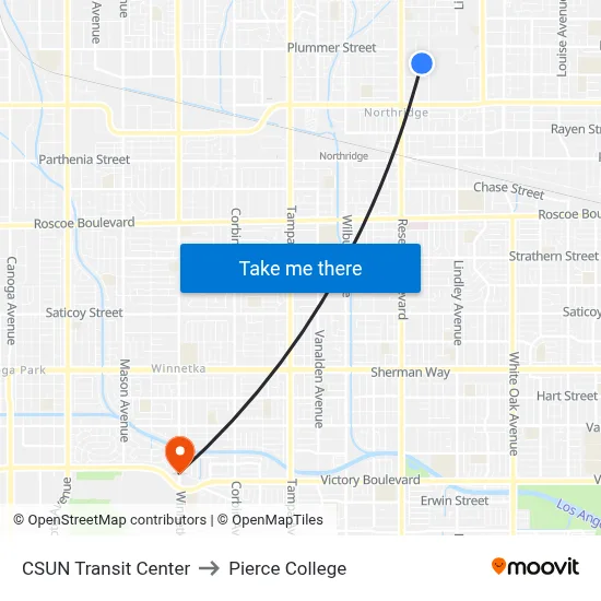 CSUN Transit Center to Pierce College map