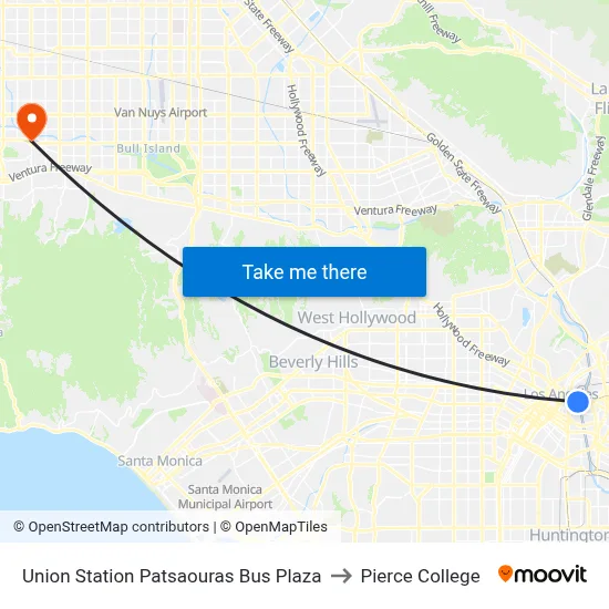 Union Station Patsaouras Bus Plaza to Pierce College map