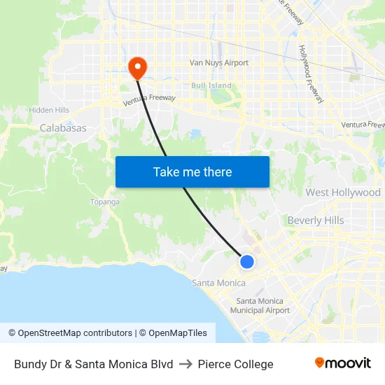 Bundy Dr & Santa Monica Blvd to Pierce College map