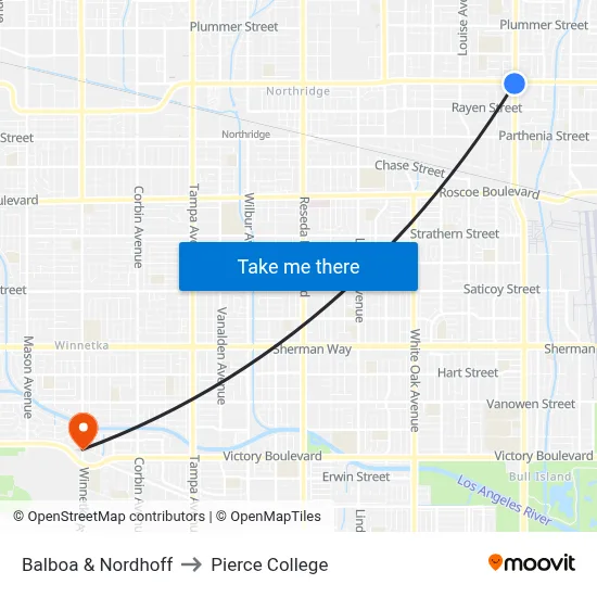 Balboa & Nordhoff to Pierce College map