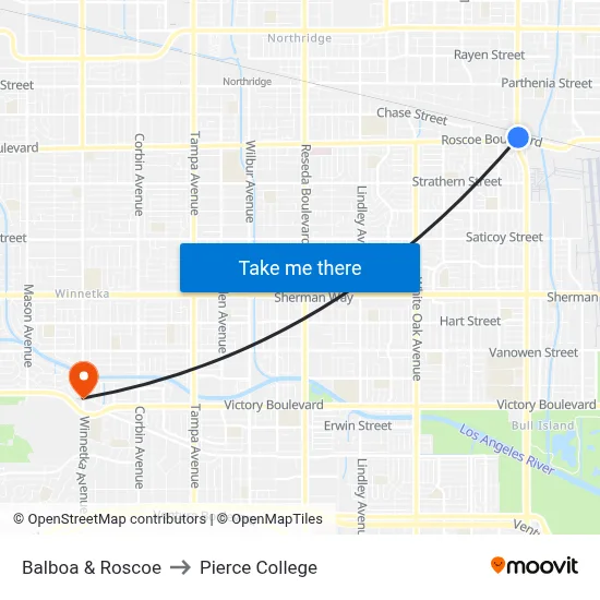 Balboa & Roscoe to Pierce College map