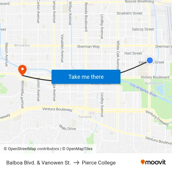 Balboa Blvd. & Vanowen St. to Pierce College map