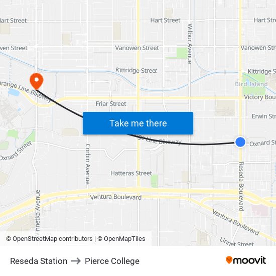 Reseda Station to Pierce College map