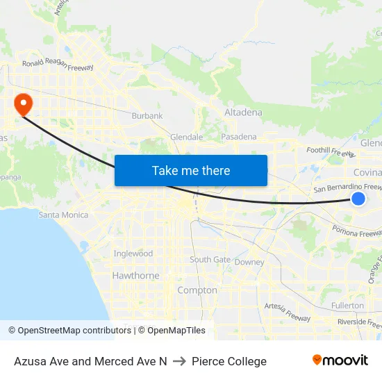 Azusa Ave and Merced Ave N to Pierce College map