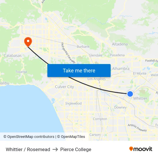 Whittier / Rosemead to Pierce College map