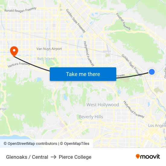 Glenoaks / Central to Pierce College map