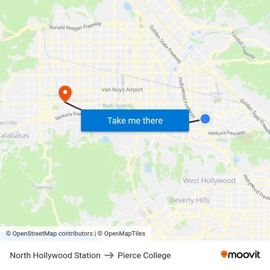 North Hollywood Station to Pierce College map