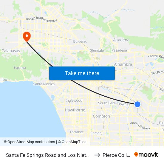 Santa Fe Springs Road and Los Nietos Roa to Pierce College map