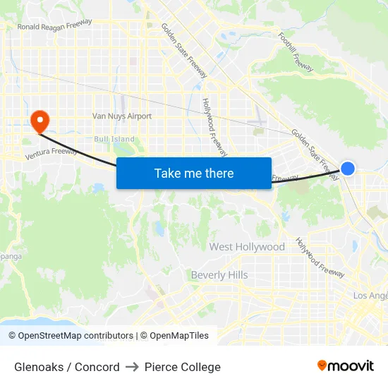 Glenoaks / Concord to Pierce College map