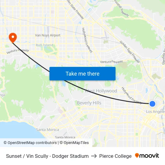 Sunset / Vin Scully - Dodger Stadium to Pierce College map