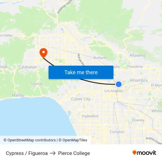 Cypress / Figueroa to Pierce College map