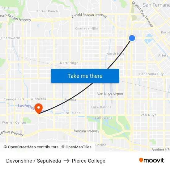 Devonshire / Sepulveda to Pierce College map