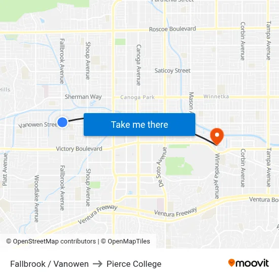 Fallbrook / Vanowen to Pierce College map
