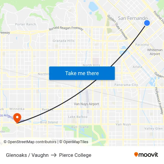 Glenoaks / Vaughn to Pierce College map