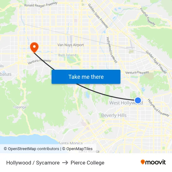Hollywood / Sycamore to Pierce College map