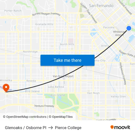 Glenoaks / Osborne Pl to Pierce College map