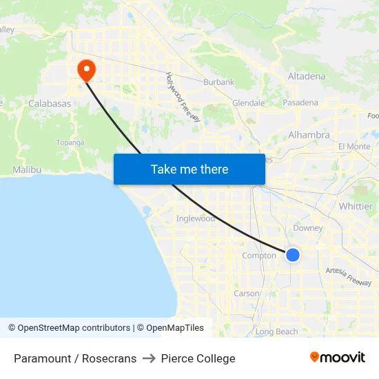 Paramount / Rosecrans to Pierce College map