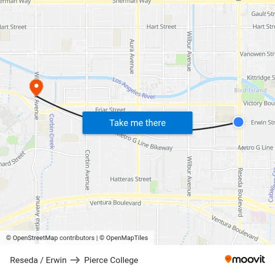 Reseda / Erwin to Pierce College map