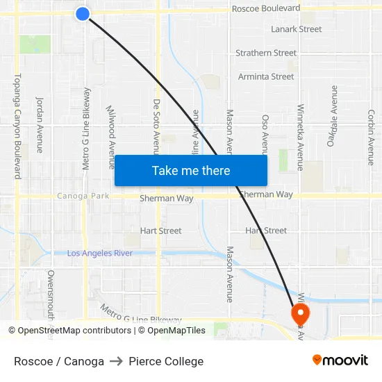 Roscoe / Canoga to Pierce College map