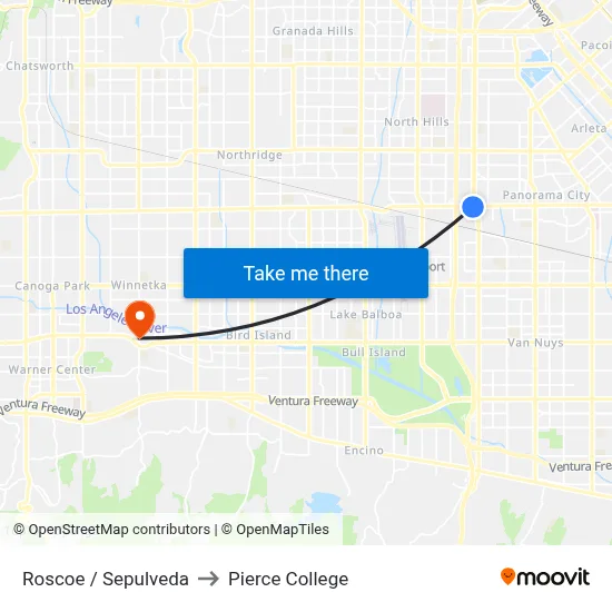 Roscoe / Sepulveda to Pierce College map