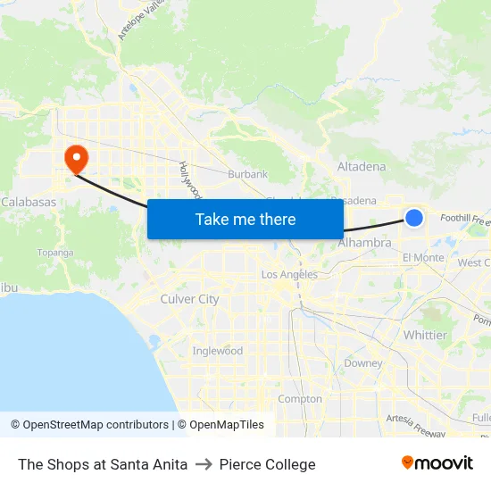 The Shops at Santa Anita to Pierce College map