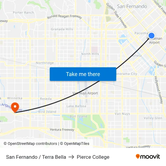 San Fernando / Terra Bella to Pierce College map