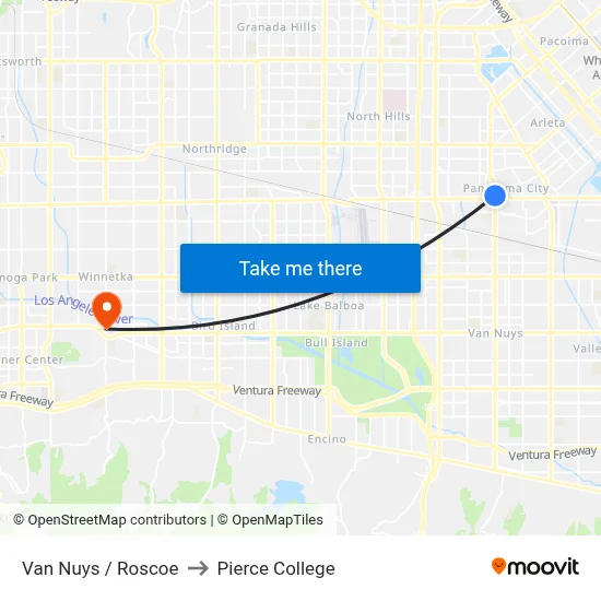 Van Nuys / Roscoe to Pierce College map