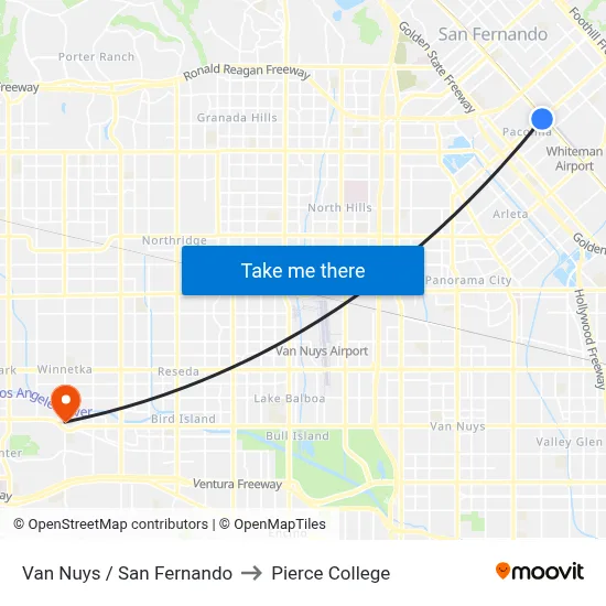 Van Nuys / San Fernando to Pierce College map