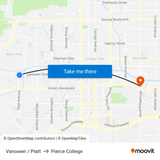 Vanowen / Platt to Pierce College map