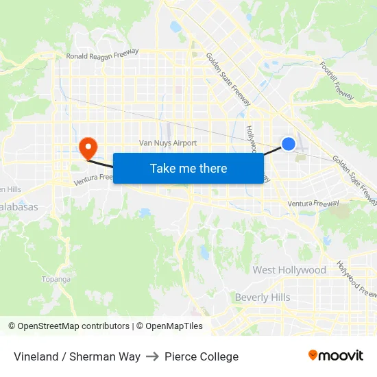 Vineland / Sherman Way to Pierce College map