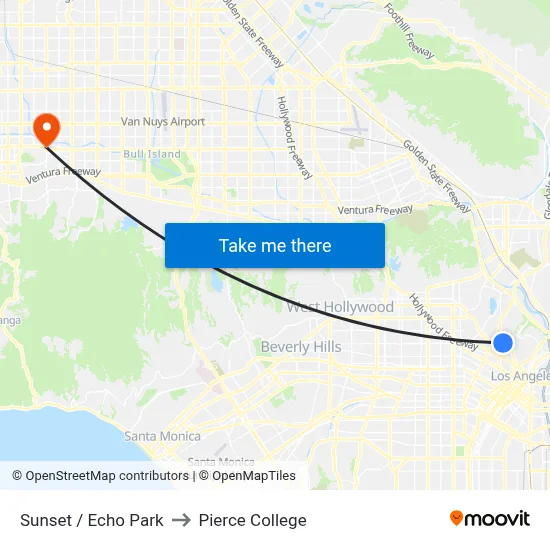 Sunset / Echo Park to Pierce College map