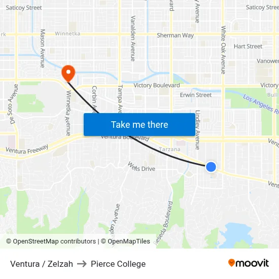 Ventura / Zelzah to Pierce College map