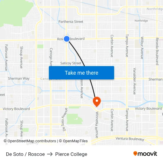De Soto / Roscoe to Pierce College map