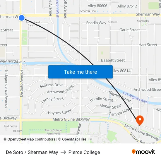 De Soto / Sherman Way to Pierce College map