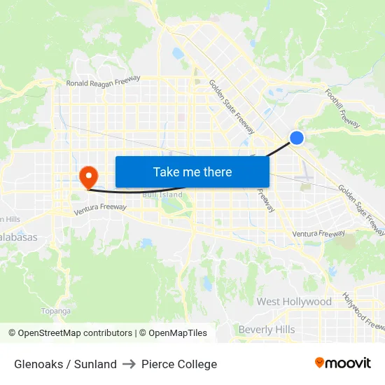 Glenoaks / Sunland to Pierce College map