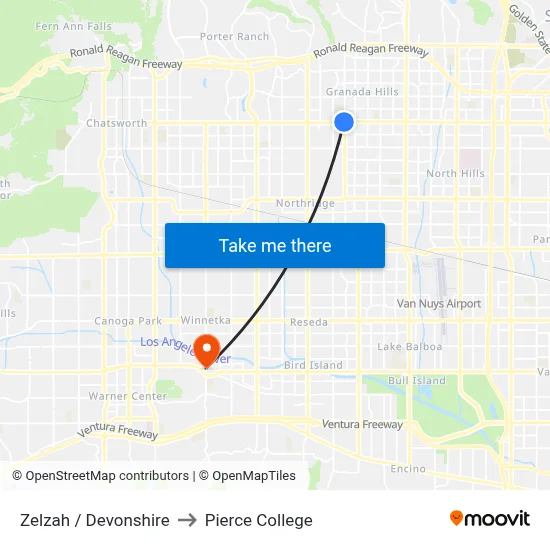 Zelzah / Devonshire to Pierce College map