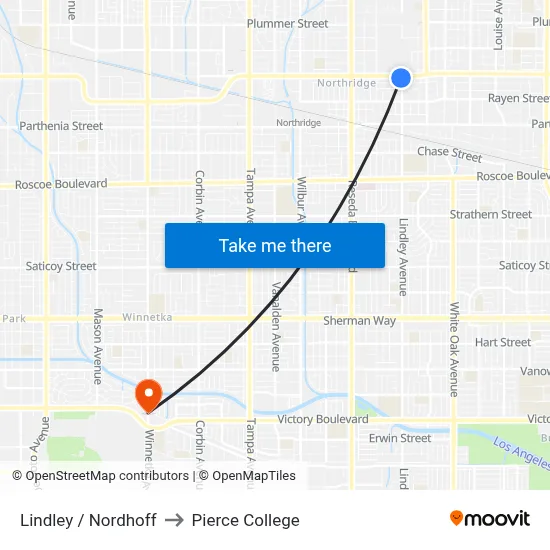 Lindley / Nordhoff to Pierce College map