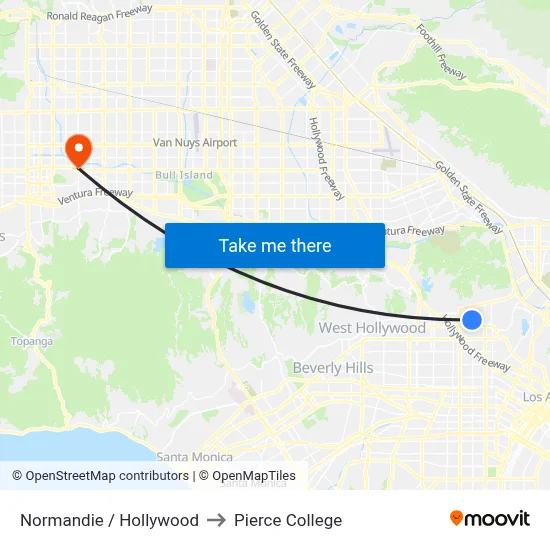 Normandie / Hollywood to Pierce College map