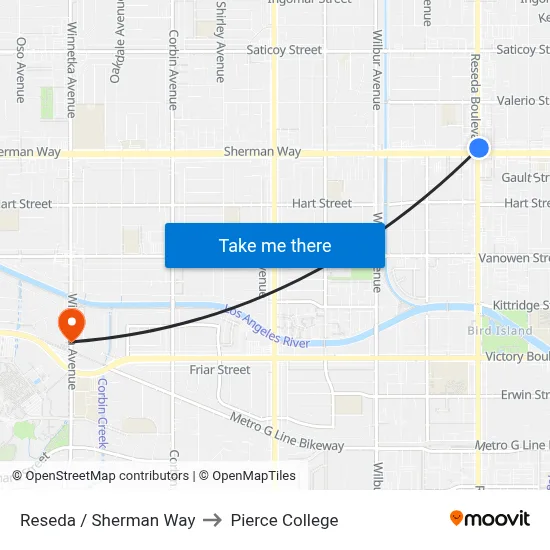 Reseda / Sherman Way to Pierce College map