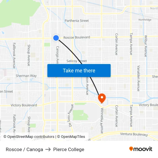 Roscoe / Canoga to Pierce College map