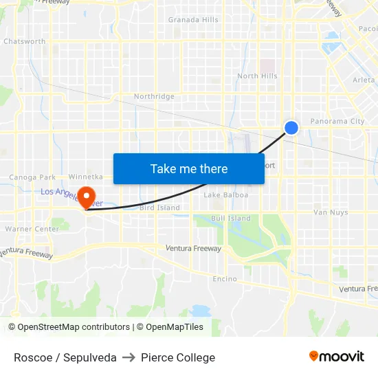 Roscoe / Sepulveda to Pierce College map