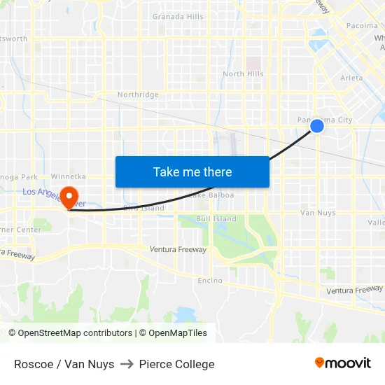 Roscoe / Van Nuys to Pierce College map