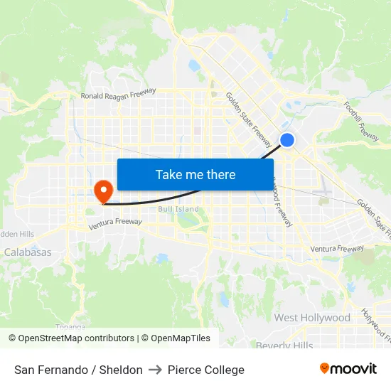 San Fernando / Sheldon to Pierce College map