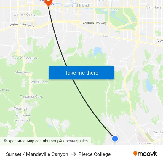 Sunset / Mandeville Canyon to Pierce College map